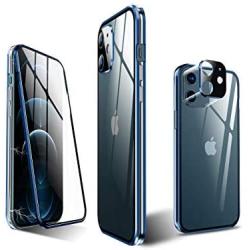 KumWum Full Body Magnetic Case for iPhone 12 Mini Front and Back Tempered Glass Aluminum Bumper Double Sided Clear Cover Built in Camera Lens Protector, Blue + Silver