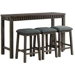 BOWERY HILL Montego Multipurpose Home Bar Living Room Sofa Table Set with 3 Upholstered Stools in Dark Walnut and Gray Fabric