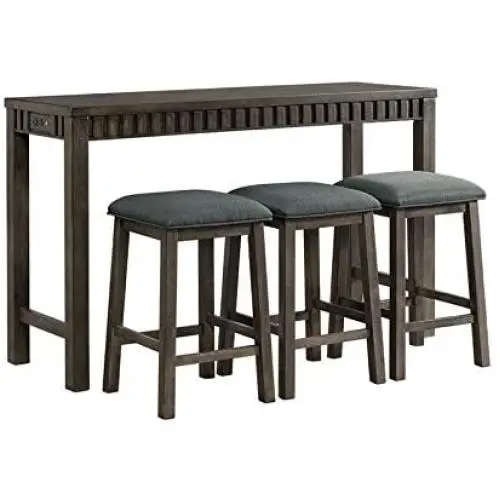 BOWERY HILL Montego Multipurpose Home Bar Living Room Sofa Table Set with 3 Upholstered Stools in Dark Walnut and Gray Fabric BOWERY HILL Montego Multipurpose Home Bar Living Room Sofa Table Set with 3 Upholstered Stools in Dark Walnut and Gray Fabric