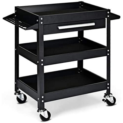 Goplus Service Tool Cart Tool Organizers, 330 LBS Capacity 3-Tray Rolling Utility Cart Trolley with Drawer, Industrial Commercial Service Cart, Mobile Storage Cabinet Organizer Dollies, Black