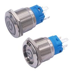 mxuteuk 19mm Latching Push Button Switch 1 NO 1 NC SPDT ON/Off Silver Stainless Steel Shell with 12v Blue Power Symbol Light with Wire Socket Plug Suitable for 3/4'' Mounting Hole L-19-POWER-T-BU