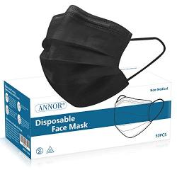 Black Face Mask, Black Disposable Face Mask, Black Disposable Masks, Daily Protection Mask with Filter Layer and Knitted Earloops Black Face Masks (Pack of 50)