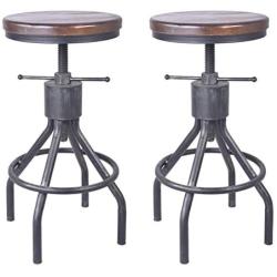 Set of 2 Industrial Bar Stool-Vintage Adjustable Round Wood Metal Swivel Bar Stool-Cast Iron-23-30 Inch Tall Counter Bar Height Farmhouse Kitchen Stools (Walnut Color)