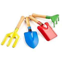 4-Piece Set 8'' Kids Gardening Tools, Made of Metal with Sturdy Wooden Handle, Safe Toy Gardening Equipment Fork, Trowel, Rake & Shovel for Children Beach Sandbox Toy