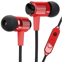 GOgroove AudiOHM RNF Durable Earbuds - Heavy Duty Headphones with Thick Aramid Fiber Reinforced Cable, in-Line Microphone, in-Ear Noise Isolation & Rugged Metal Driver Housing (Nova Red)