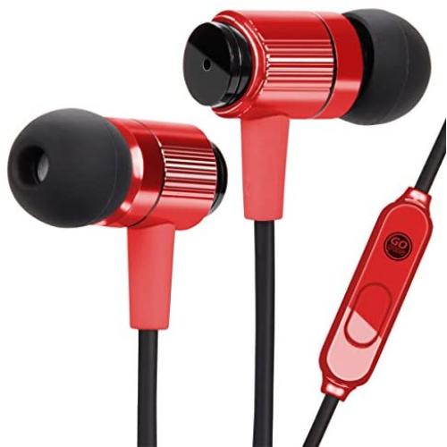 GOgroove AudiOHM RNF Durable Earbuds - Heavy Duty Headphones with Thick Aramid Fiber Reinforced Cable, in-Line Microphone, in-Ear Noise Isolation & Rugged Metal Driver Housing (Nova Red)