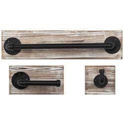 MyGift 3-Piece Torched Wood & Black Metal Pipe Wall Mounted Towel Bar, Toilet Paper Holder, and Robe Hook Bathroom Accessory Set