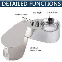 ZHSX 40X Illuminated Jewelers Loupe Magnifier, 2 Pack Full Metal Foldable Jewelry Loop Magnifying Glass with LED Light for Currency Detecting Jewlers Identifying Type Lupe