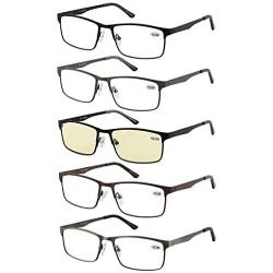 Eyecedar 5-Pack Reading Glasses Men Metal Frame Rectangle Style Stainless Steel Material Spring Hinges Includes Computer Readers +2.50