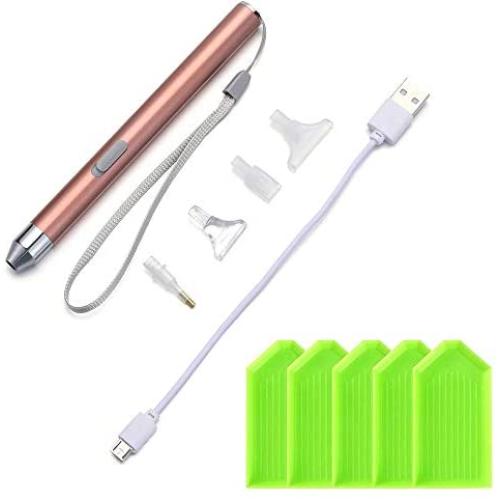 Lighting Point Drill Pen with 4 Styles Pick-up Hats, 5Pcs Plastic Tray Plate, USB Rechargeable 5D Diamond Painting Tools for DIY Crafts Sewing Cross Stitch Accessories