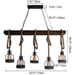 Unitary Brand Rustic Black Metal and Wood Body Cage Shades Dining Room Multi Pendant Lighting with 5 E26 Bulb Sockets 200W Painted Finish