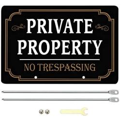 HISVISION Private Property No Trespassing Sign with Metal Stakes, 12'' x 8'' Heavy Duty Aluminum Reflective No Trespassing Sign for Lawn House Yard