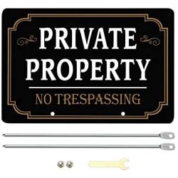 HISVISION Private Property No Trespassing Sign with Metal Stakes, 12'' x 8'' Heavy Duty Aluminum Reflective No Trespassing Sign for Lawn House Yard