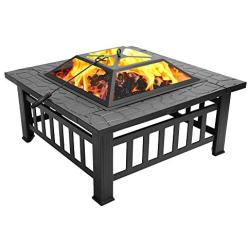 FCH 32'' Metal Fire Pit Outdoor Backyard Patio Garden Square Stove Brazier with Charcoal Rack, Poker & Mesh Cover 32'' L x 32'' W x 17'' H