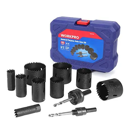 WORKPRO Hole Saw Kit, 11 Piece, Bi-Metal Hole Drills, High Speed Steel M42 Drill Hole Cutter with Mandrels in Hard Case for Cutting Stainless Steel, Brass, Aluminum, Steel and Wood WORKPRO Hole Saw Kit, 11 Piece, Bi-Metal Hole Drills, High Speed Steel M42 Drill Hole Cutter with Mandrels in Hard Case for Cutting Stainless Steel, Brass, Aluminum, Steel and Wood