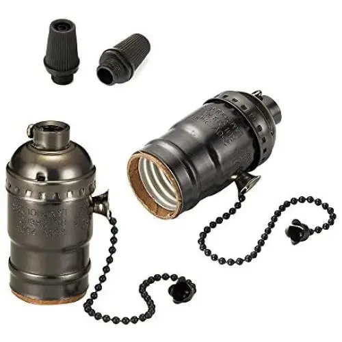 Onite 2 PCS UL Listed E26 Type 1/8 inch Pipe Thread US-Standard Screw Basic Metal Lamp Socket with Pull Chain Switch (Black)