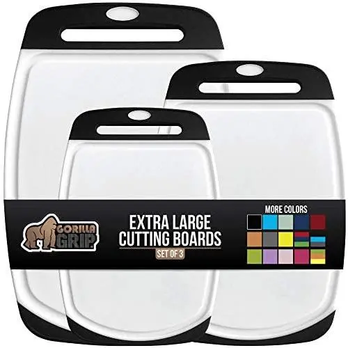 Gorilla Grip Original Oversized Cutting Board, 3 Piece, Perfect for the Dishwasher, Juice Grooves, Larger Thicker Boards, Easy Grip Handle, Non Porous, Extra Large, Kitchen, Set of 3, Black Gorilla Grip Original Oversized Cutting Board, 3 Piece, Perfect for the Dishwasher, Juice Grooves, Larger Thicker Boards, Easy Grip Handle, Non Porous, Extra Large, Kitchen, Set of 3, Black