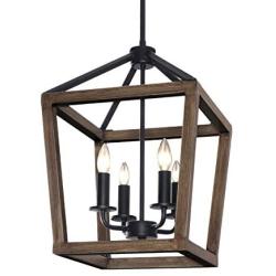 KingSo 4-Light Chandelier Rustic Metal Pendant Light, Adjustable Height Square Pendant Ceiling Hanging Light Fixture with Oil Rubbed Bronze Finish for Bedroom Kitchen Island Livingroom Farmhouse Foyer