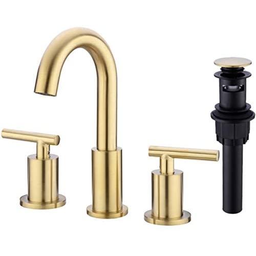 TRUSTMI 2 Handle 8 Inch Brass Bathroom Sink Faucet 3 Hole Widespread with Valve and cUPC Water Supply Hoses, with Overflow Pop Up Drain Assembly, Brushed Gold