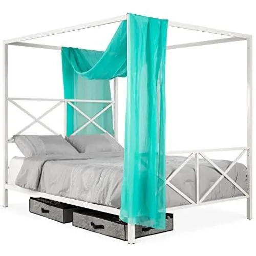 Best Choice Products 4-Post Queen Size Modern Metal Canopy Bed w/Mattress Support, Built-in Headboard, Footboard, Classic, Customizable Design - White Best Choice Products 4-Post Queen Size Modern Metal Canopy Bed w/Mattress Support, Built-in Headboard, Footboard, Classic, Customizable Design - White