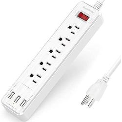 SUPERDANNY Mountable Surge Protector Power Strip with USB 5 Outlets 3 USB Ports Extension Cord with A Hook & Loop Fastener, for iPhone iPad Tablet PC Home Office Travel White