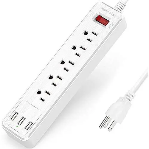 SUPERDANNY Mountable Surge Protector Power Strip with USB 5 Outlets 3 USB Ports Extension Cord with A Hook & Loop Fastener, for iPhone iPad Tablet PC Home Office Travel White
