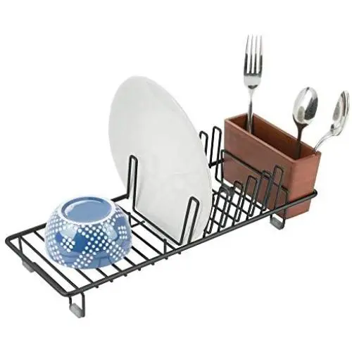 mDesign Compact Modern Kitchen Countertop, Sink Dish Drying Rack, Removable Cutlery Tray - Drain and Dry Wine Glasses, Bowls and Dishes - Metal Wire Drainer in Black with Cherry Bamboo Caddy