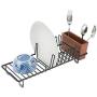 mDesign Compact Modern Kitchen Countertop, Sink Dish Drying Rack, Removable Cutlery Tray - Drain and Dry Wine Glasses, Bowls and Dishes - Metal Wire Drainer in Black with Cherry Bamboo Caddy