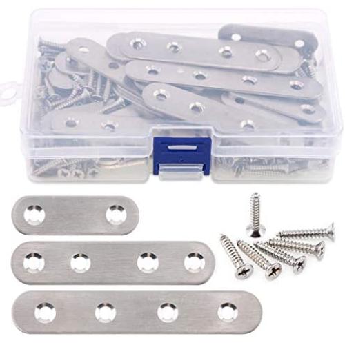 Glarks 35-Pieces 2 inch/ 3 inch/ 4 inch Stainless Steel Flat Straight Brace Brackets Mending Joining Plates Repair Fixing Bracket Connector and 80pcs Screws Set, Total 115pcs, Silver