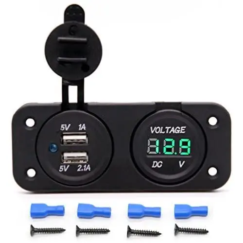 Cllena Waterproof Dual USB Charger Adapter 2.1A/1.0A + 12V-24V LED Voltmeter Panel for Motorcycle Car Boat Marine Carvan (Green LED)