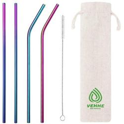 VEHHE Metal Straws Stainless Steel Straws 8.5'' Drinking Straws Reusable 4 Set - Rainbow Color-Cleaning Brush for 20/30 Oz for Yeti RTIC SIC Ozark Trail Tumblers (2 Straight|2 Bent|1 Brush)