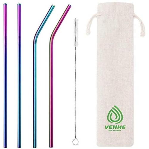 VEHHE Metal Straws Stainless Steel Straws 8.5'' Drinking Straws Reusable 4 Set - Rainbow Color-Cleaning Brush for 20/30 Oz for Yeti RTIC SIC Ozark Trail Tumblers (2 Straight|2 Bent|1 Brush)