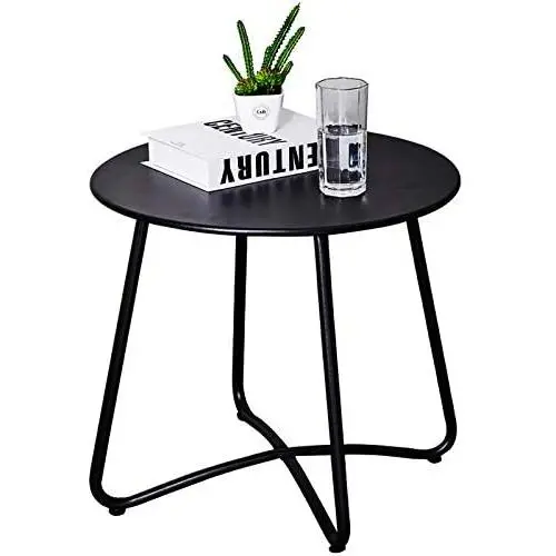 Patio Side Table Outdoor, Small Round Metal Side Table Waterproof Portable Coffee Table End Table for Garden, Porch, Balcony, Yard (Black)
