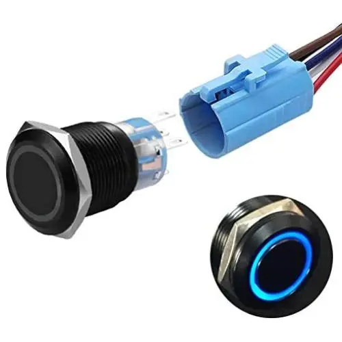 19mm Latching Push Button Switches SPDT ON/Off Waterproof Black Metal 12V Ring LED with Wire Plug (Blue) 19mm Latching Push Button Switches SPDT ON/Off Waterproof Black Metal 12V Ring LED with Wire Plug (Blue)