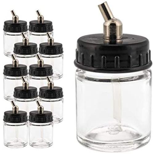 Master Airbrush (Pack of 10) TB-002 Empty 3/4 Ounce (22cc) Glass Jar Bottles with 30° Down Angle Adaptor Lid Assembly - Fits Dual-Action Siphon Feed Airbrushes, Use with Master, Badger, Paasche, Iwata