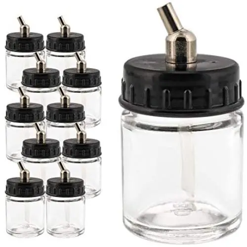 Master Airbrush (Pack of 10) TB-002 Empty 3/4 Ounce (22cc) Glass Jar Bottles with 30° Down Angle Adaptor Lid Assembly - Fits Dual-Action Siphon Feed Airbrushes, Use with Master, Badger, Paasche, Iwata Master Airbrush (Pack of 10) TB-002 Empty 3/4 Ounce (22cc) Glass Jar Bottles with 30° Down Angle Adaptor Lid Assembly - Fits Dual-Action Siphon Feed Airbrushes, Use with Master, Badger, Paasche, Iwata