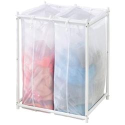 mDesign Laundry Hamper Organizer/Sorter with Metal Stand and 2 Removable Large Mesh Bags - Portable - Double Hamper Design - White