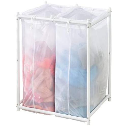 mDesign Laundry Hamper Organizer/Sorter with Metal Stand and 2 Removable Large Mesh Bags - Portable - Double Hamper Design - White