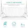 Best Choice Products 48in 3-Seater Hanging Porch Swing Acacia Wood Curved Back Bench Outdoor Patio Conversation Furniture for Yard, Patio, Deck w/Mounting Chains – White