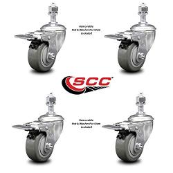 Polyurethane Swivel Threaded Stem Caster Set of 4 w/3'' x 1.25'' Gray Wheels and 1/2'' Stems - Includes 4 with Total Lock Brakes - 1000 lbs Total Capacity - Service Caster Brand