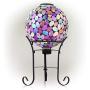 Alpine Corporation Outdoor Solar Powered Pink Glass Mosaic Gazing Globe with LED Lights and Metal Stand, Violet