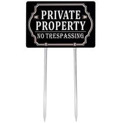 Kichwit Private Property No Trespassing Sign Double Sided, Aluminum, All Metal Construction, Sign Measures 11.8'' x 7.9'', 14'' Long Metal Stakes Included