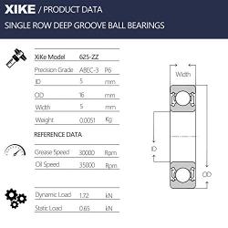 XiKe 10 Pcs 625ZZ Double Metal Seal Bearings 5x16x5mm, Pre-Lubricated and Stable Performance and Cost Effective, Deep Groove Ball Bearings.