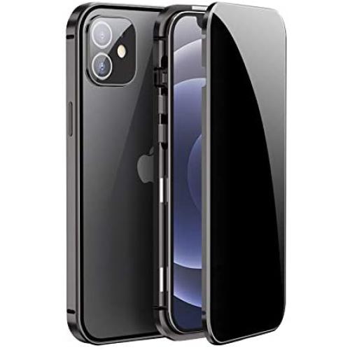 Jonwelsy Anti Peeping Case for iPhone 12 (6.1 Inch), Double-Sided Anti Spy Tempered Glass Privacy, 360 Degree Protection Cover, Magnetic Adsorption Metal Bumper for iPhone 12 (Black)