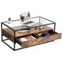 VASAGLE GLATAL Glass Coffee Table with 2 Drawers, Tempered Glass Top with Storage Shelf, Living Room, Lounge, Stable Steel Frame, Industrial, Rustic Brown and Black ULCT31BXV1