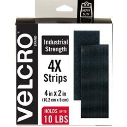 VELCRO Brand Heavy Duty Fasteners | 4x2 Inch Strips 4 Sets | Holds 10 lbs | Stick-On Adhesive Backed | Black Industrial Strength | For Indoor or Outdoor Use