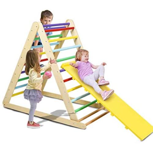 Costzon Foldable Wooden Climbing Triangle Ladder for Sliding & Climbing, 2 in 1 Triangle Climber with Safety Climbing Ladder for Toddlers, Suitable for Children Boys Girls (Colorful)