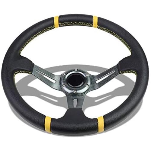 Black Leather/Gunmetal 3 Spokes/Yellow Stitch and Stripe 3.50'' Deep Dish 70mm 6-Bolt Pattern 320mm (12.60'' Inches) Steering Wheel