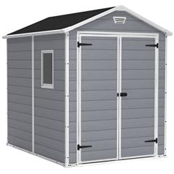 KETER Manor 6x8 Resin Outdoor Storage Shed Kit-Perfect to Store Patio Furniture, Garden Tools Bike Accessories, Beach Chairs and Lawn Mower, Grey & White