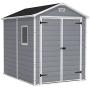 KETER Manor 6x8 Resin Outdoor Storage Shed Kit-Perfect to Store Patio Furniture, Garden Tools Bike Accessories, Beach Chairs and Lawn Mower, Grey & White
